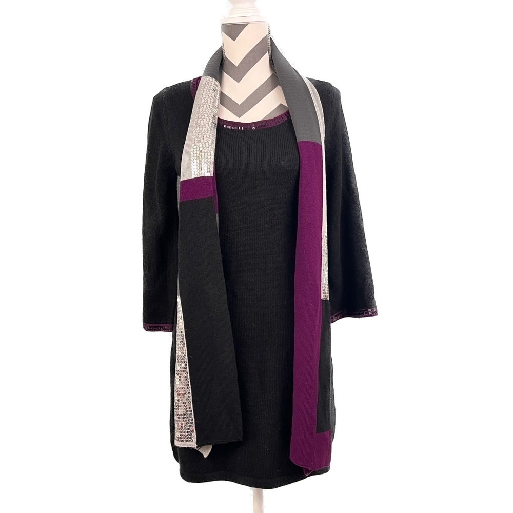 NWT - Style & Co Black Sequin Trim Knit Sweater Dress & Scarf Set - Size S